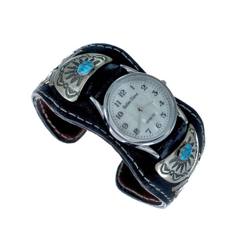 Navajo Turquoise Sterling Silver And Leather Cuff Watch SN20315